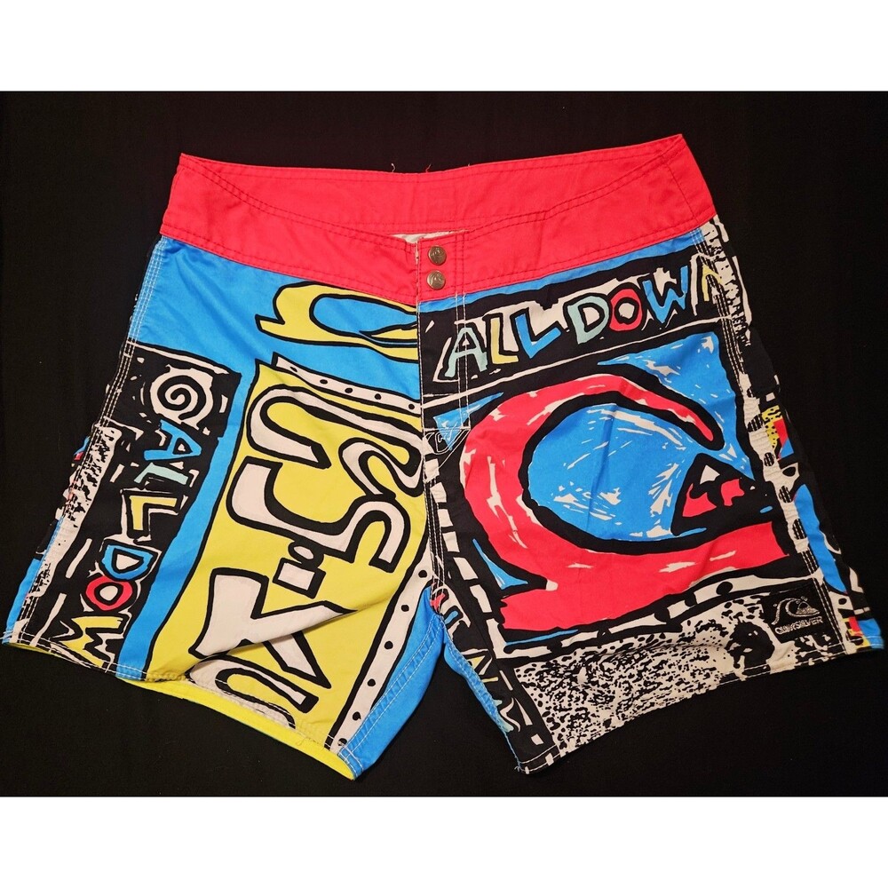 Vintage Quiksilver All Down The Line Neon Surf Swim Shorts  90s 80's Rad & Rare